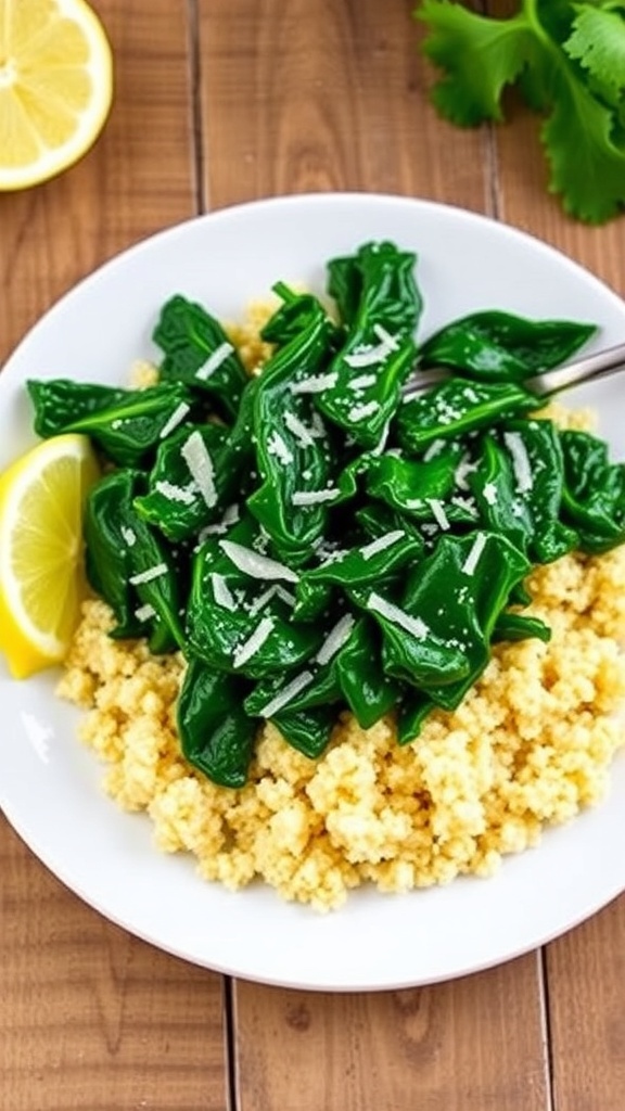 Sautéed garlic kale on quinoa with Parmesan cheese, lemon wedge on a rustic table.